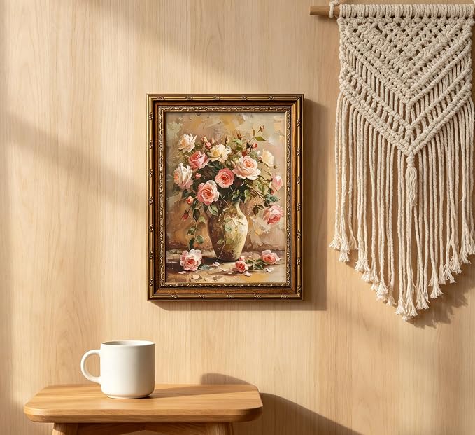 Gold Framed Vintage Floral Canvas Wall Art French Country Painting Picture Wall Decor Vase Flower Arrangement Poster Print Artwork for Living Room Bedroom Bathroom Home Decoration