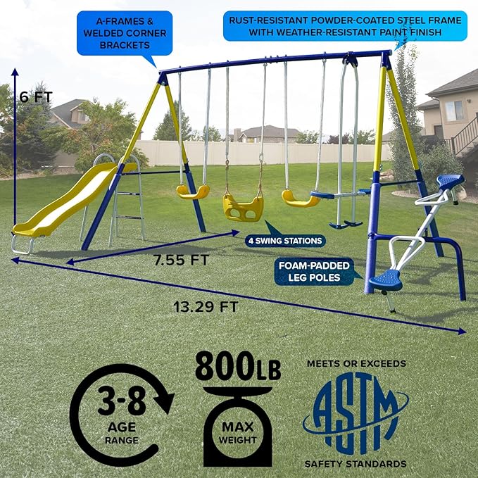 Sportspower Royal Fun Metal Swing Set for Kids Ages 3-8 with 2 Swings, Standing Swing, Glider, Teeter-Totter & 5FT Slide, Anchor Kit, 6.1FT Steel Frame, Outdoor Playground with 800 lbs Weight Capacity