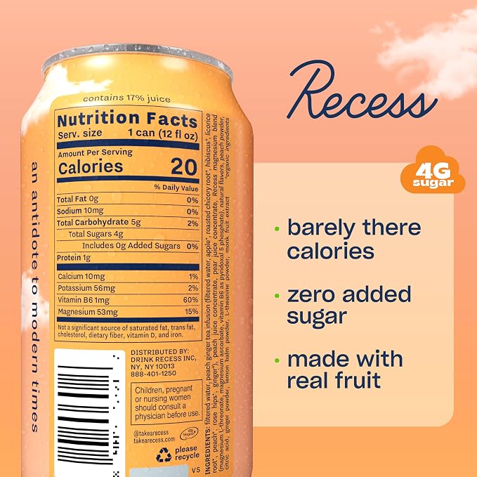 Recess Mood Magnesium & Adaptogen Drink, Relaxation Beverage, 12 ounce (Peach Ginger, 12 pack)