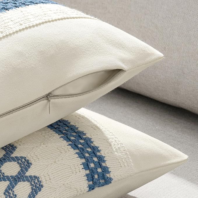 MIULEE Set of 2 Coastal Blue Boho Decorative Pillow Covers 20x20 Inch | Farmhouse Couch Throw Pillows, Modern Cotton Cushion Covers, Macrame Woven Spring Decor for Bed Sofa Chair