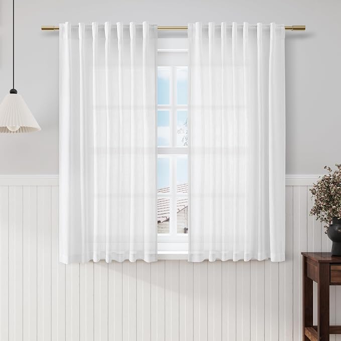 Nanspring White Linen Back Tab Rod Pocket Curtains for Living Room 56 Inch Length 2 Panels Set Semi Sheer Light Filtering Privacy Drapes Neutral Modern Farmhouse Window Curtain for Bedroom 52x56