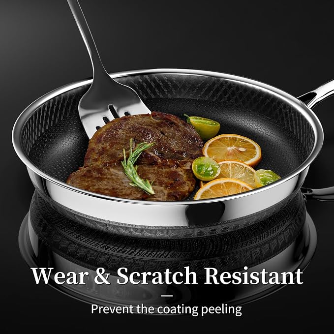 Innerwell 12 Inch Non Stick Frying Pan with Lid, Induction & Oven Safe | TitCeramic Tri-Ply Stainless Steel Hybrid Nonstick Skillet, Stay Cool Handle, Heat Fast and Evenly, PFAS/PFOA/PTFE Free