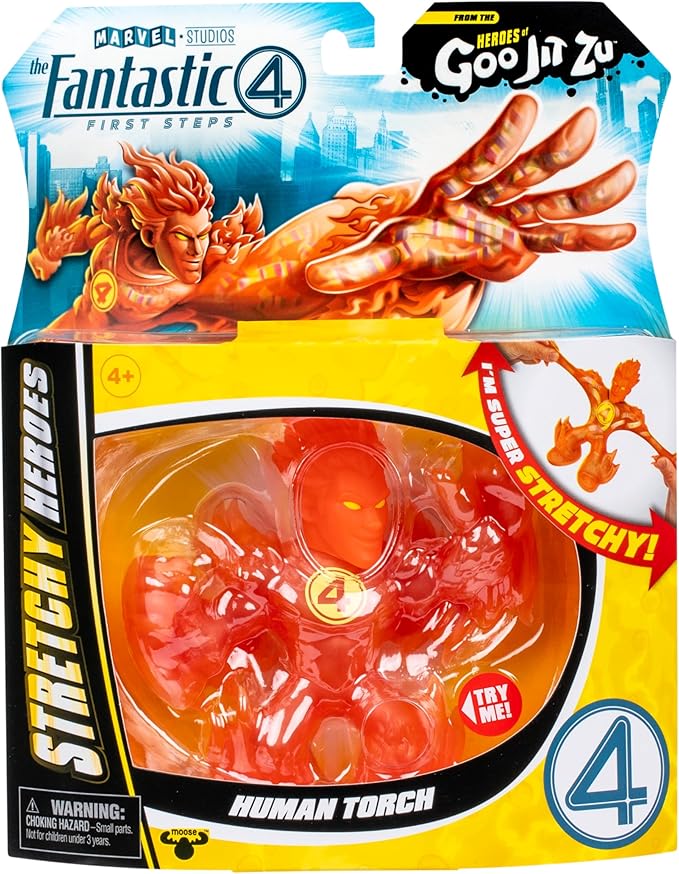 Heroes of Goo Jit Zu Marvel Studios The Fantastic 4 First Steps, Human Torch Stretchy, Fire Foil Filled 4.5" / 11.4 CM Action Figure, with Unique Goo Fillings 3 to Collect