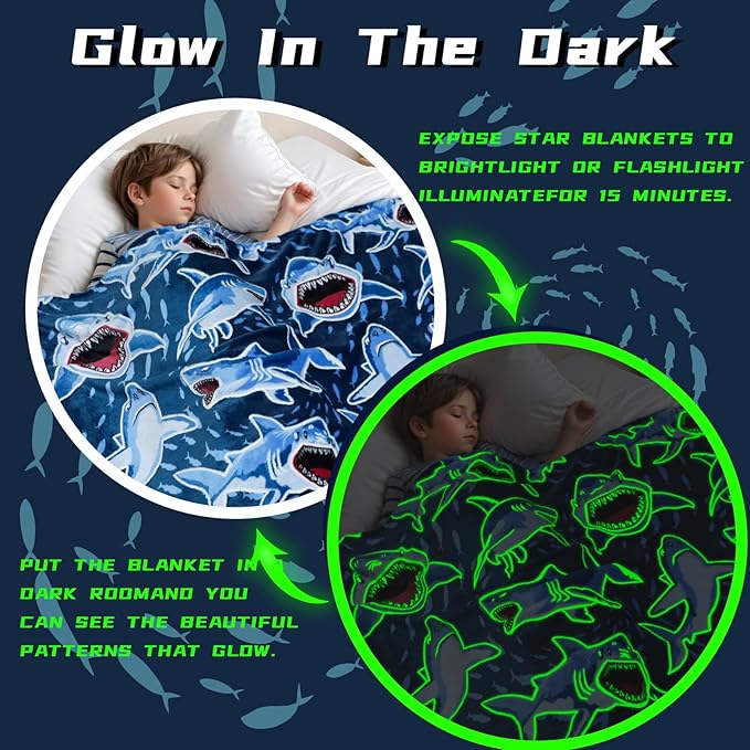 BORORO Glow in The Dark Shark Blanket - Cozy Shark Toys Birthday Gifts for Kids Boys 40x50 inch
