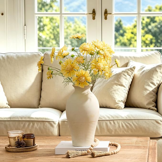 Ceramic Flower Vase Home Decor,11inches Large Farmhouse Table Vases | Rustic Vintage Living Room Kitchen Bedroom Decorations for Home, Shelf, Fireplace Mantel Decoration (11",Off-White)