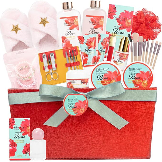 35Pcs Spa Kit Gift for Women, Sandalwood Red Rose Bath and Body Basket Gift | Face Skin Care Kit, Home Spa Self Care, Lip Gloss, Birthday, Christmas, Mother, Bridal Shower, Anniversary for Mom Pamper Kit