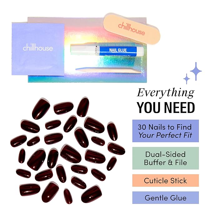 Chillhouse Chill Tips Signatures Press On Nails Kit, Rogue Rouge - 30 Nail Shapes & Sizes, Dual-Sided Buffer & File, Cuticle Stick & Glue - Long-Lasting Nail Art Manicures