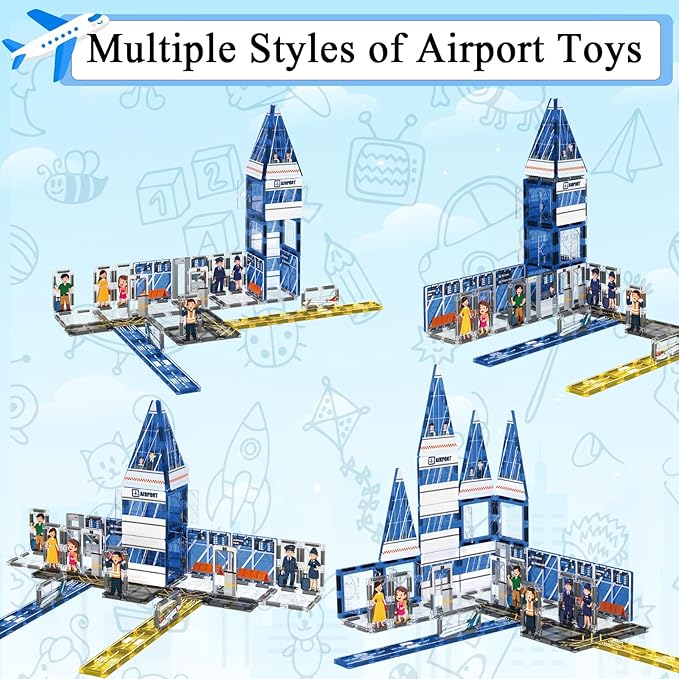 Magnetic Tiles, 54PCS Airport Theme Building Blocks Set, Magnet Building Blocks and STEM Preschool Educational Toys for Kids Toddlers Ages 3-5 5-7 8-10