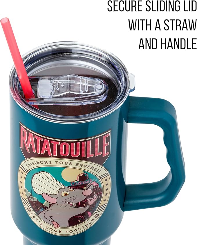 Silver Buffalo Disney Pixar Ratatouille Remy "Let's Cook Together" Double Walled Stainless Steel Tumbler with Handle and Straw, Fits in Standard Cup Holder, 40 Ounces