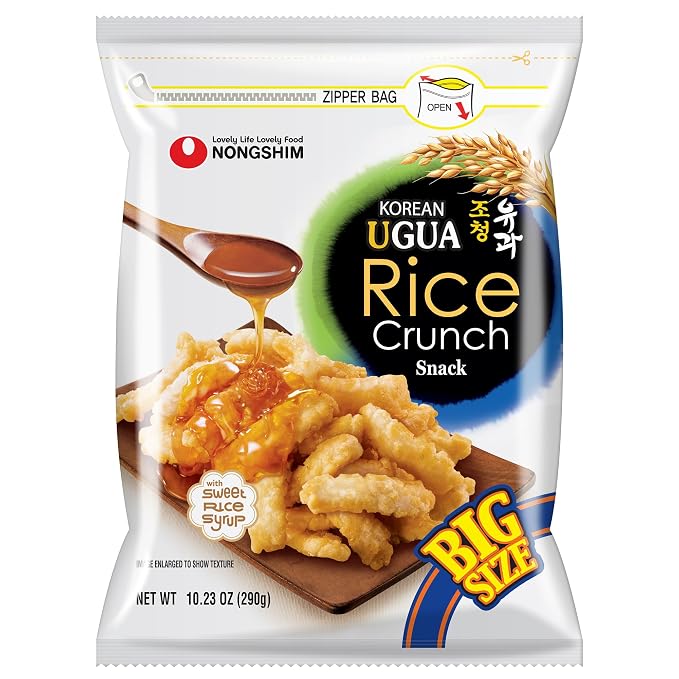 Nongshim Ugua Rice Crisps, Sweet Korean Snacks, Rice Crackers, 1 Pack | Korean rice snack with brown rice syrup glaze, crisp puffed texture, light honeyed sweetness