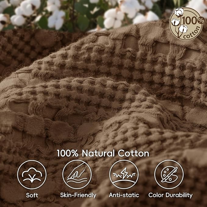 PHF 100% Cotton Waffle Weave Blanket King Size, Lightweight Breathable Summer Blanket for Hot Sleepers, Pre-Washed Soft Layer for Bed, Couch, Home Decor Gift, 108"x90", Chocolate