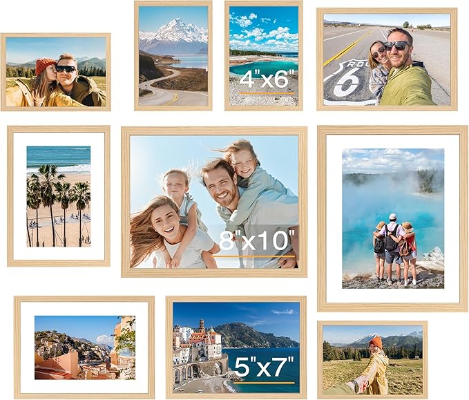 10 Pack Natural Picture Frames Collage Wall Decor for Mounting or Tabletop Display, Gallery Wall Frame Set with Two 8x10 Natural Frames, Four 5x7 and Four 4x6 Frames, Multi-Pack Photo Frame Set