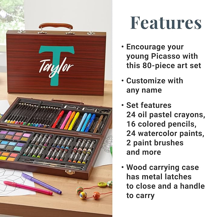 Let's Make Memories Personalized 80-Piece Deluxe Art Set - for Kids - Wood Carrying Case - Oil Crayons, Colored Pencils, Watercolors - Arts & Crafts - Palette Design - Initial and Name