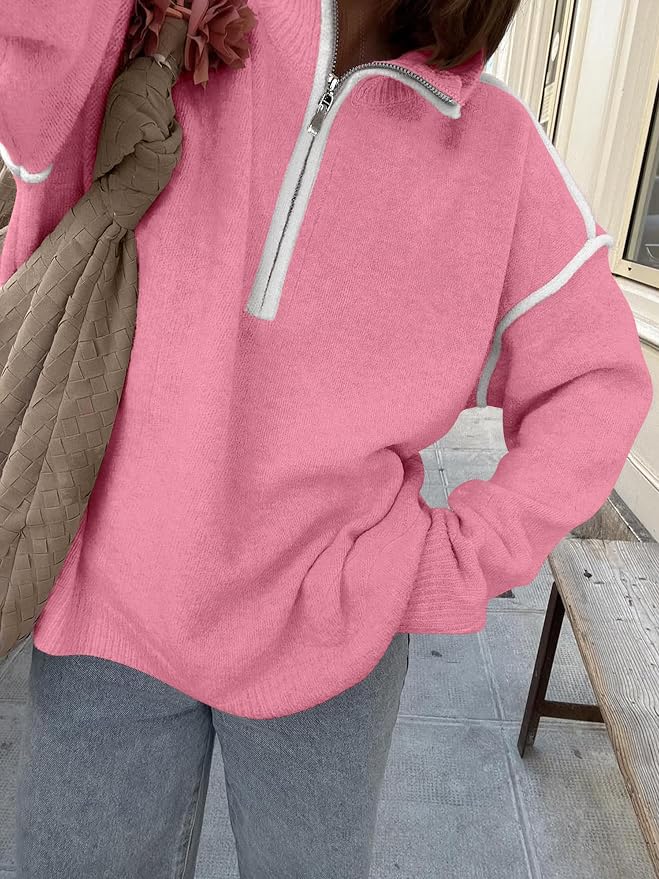 ANRABESS Womens Quarter Zip Sweaters Fall Long Sleeve V Neck Shirts Collared Business Casual Tops Knit Pullover Sweatshirts