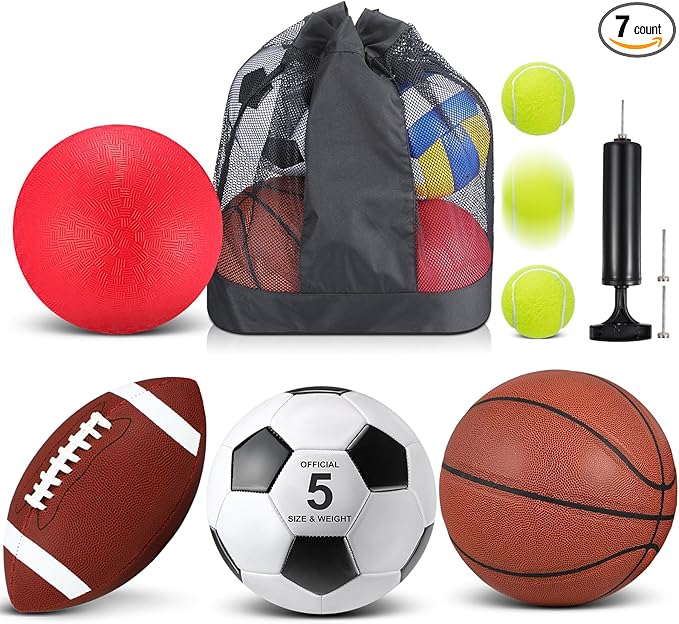 Soulchen 5 Pcs Multi Sport Ball Set for Teen Adult Official Size Soccer, Basketball, Football, Playground Ball, Tennis with Sport Equipment Bag Pump for Teen Adult Gift Back to School