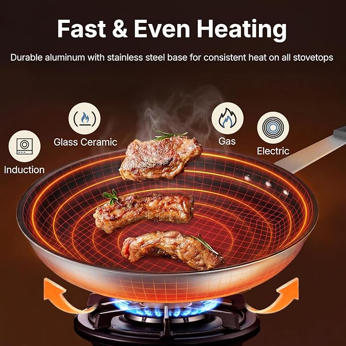 DUMOS 14 Inch Nonstick Frying Pan, Heavy-Gauge Aluminum Skillet with Ceramic Nonstick Coating & Stainless Steel Base, Omelet Pan for Induction, Electric, Gas, PFAS Free, Oven Safe, Black Handle