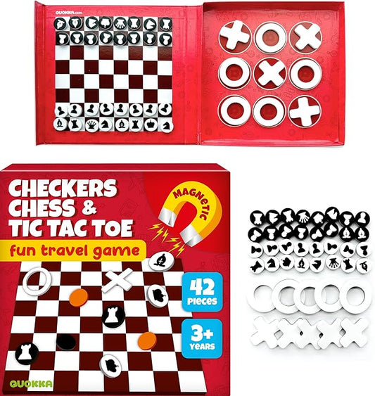 QUOKKA Magnet Game for Kids 3-5 - 3 in 1 Chess&Checkers&TicTacToe Game Kids Ages 4-8 - Travel I Road Trip I Plane I Car Ride - Magnetic Toddler Travel Toys