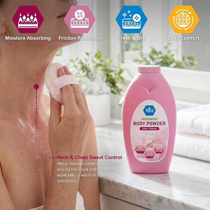 MED PRIDE Talc-Free Cornstarch Body Powder, Rose Scent, 13 oz Bottle