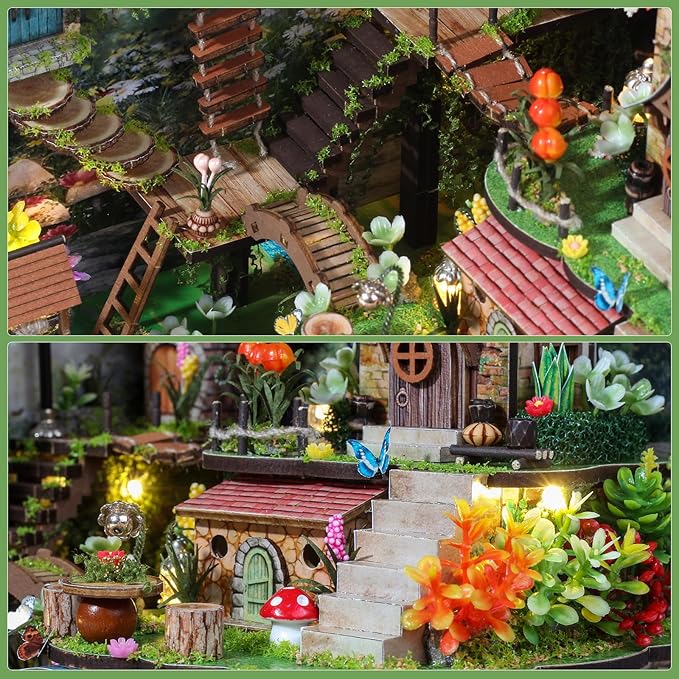 Foyucool DIY Miniature House Kit, Dollhouse Kit with Music and LED Light, Mini House Building Kits for for Adult to Building, Christmas Home Decorations Gifts for Family and Friends, Whisperwood