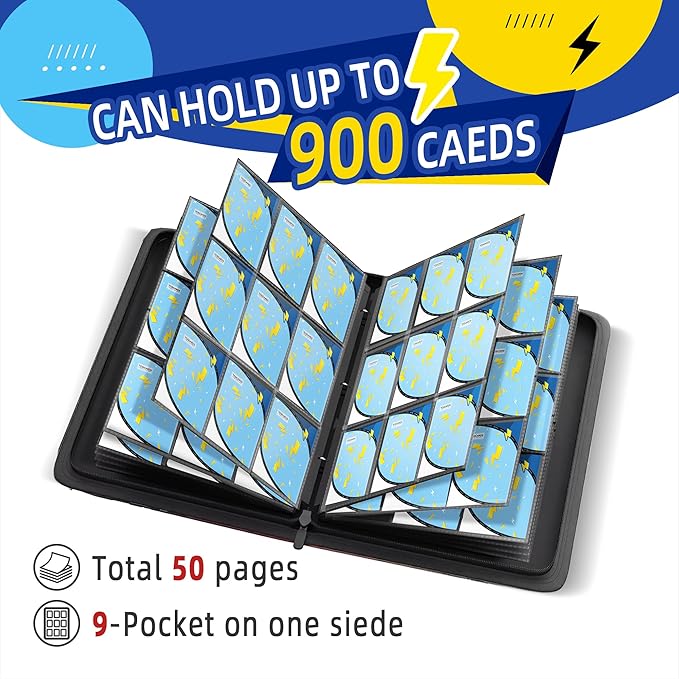 Trading Card Binder 9 Pocket,900 Pocket Card Collection Binder with 50 Removable Sleeves,PU Waterproof Top Card Book,3-Ring Zipper Collectible Trading Card Album for MTG/TCG/Card Holder Gift(Blue)