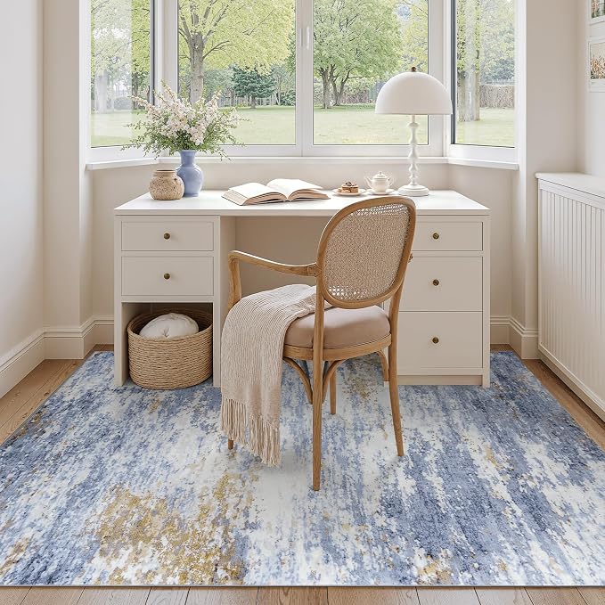 5x7 Area Rug for Living Room, Abstract Washable Non-Slip Rugs, Light Blue | Neutral Carpet for Bedroom, Dining Room, Home Office Nursery, Indoor, Stain Resistant, Low Pile, Non-Shedding Modern Rug