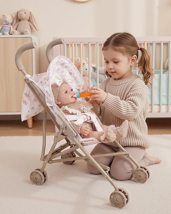 BABESIDE Baby Doll Stroller, Easy-to-Assemble Stroller for 3+ Girls, Includes 5-Piece Baby Doll Playset with Accessories for 12-15 Inch Dolls
