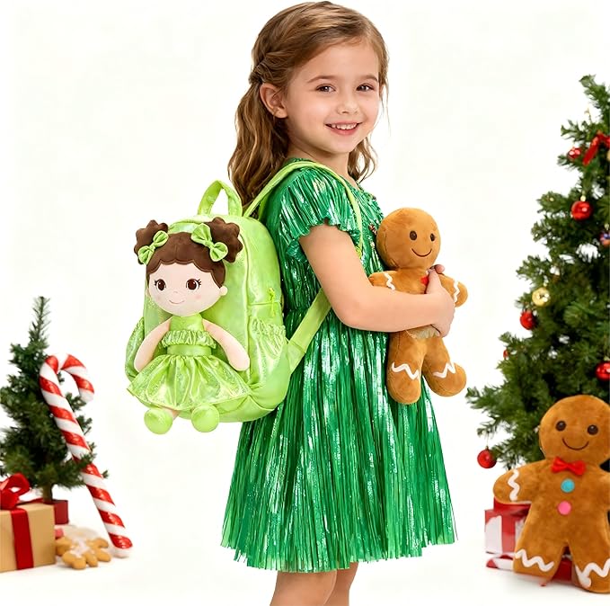 Lazada Toddler Backpack - Baby Girl Gifts Curly Fingerprints Plush Doll Dress Backpack - Fashion Girls Curly Rolled Fingerprints Series - Fluorescent Green 11 Inches