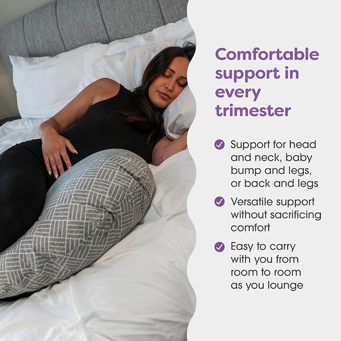 Boppy Cuddle Pregnancy Pillow - Compact Ergonomic Maternity Pillow, Versatile Support, Great Side Sleeper Pillow, Washable, with Cooling Rayon Cover - Gray Basket Weave
