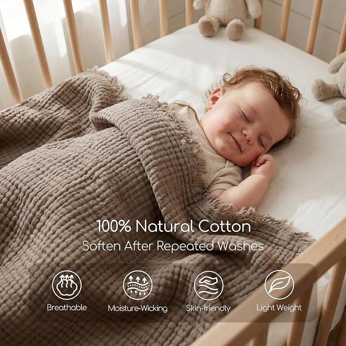 WDCOZY 100% Cotton Muslin Blanket Oversized King 4-Layer for Bed Breathable Lightweight Soft Large Boho Farmhouse Linen Tassels Ruffle Gauze Blankets 102x120 Inches Brown Mocha Chocolate Coffee Taupe