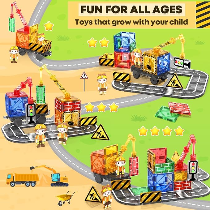 Kids Games Magnetic Tiles with 2 Cranes Construction Set Sensory Toys for Boys Girls Ages 3-6 5-7 8-13, Gifts for 3+ Year Old Boys Girls Toddler Outdoor Kids Toys with Car
