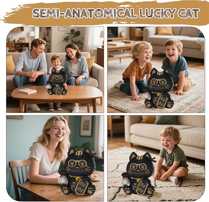Black Lucky Cat Building Blocks Set Mirco Animal Model kit Gift for Adult and Kids 7900 Pieces