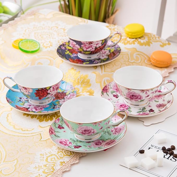 BTaT- Floral Tea Cups and Saucers Set of 4 (8 oz), Porcelain Tea Cup Sets with Gold Trim & Gift Box, Dishwasher & Freezer Safe