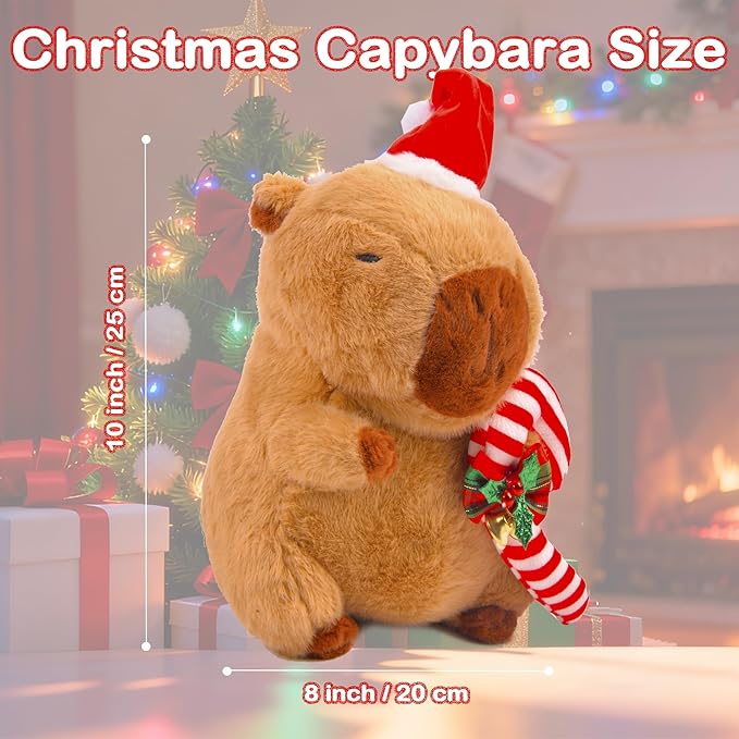 Christmas Capybara Stuffed Animal Plush, 10” Holiday Capybara Peluches with Santa Hat & Candy Cane, Cute Super Soft Funny Christmas Toy Gifts, Capybara Stuff Festive Decorations for Kids Boys Girls