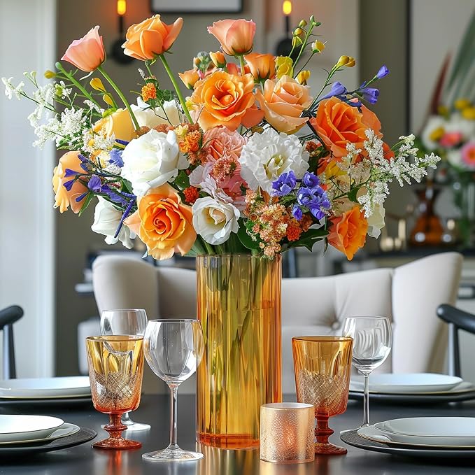 ComSaf Glass Cylinder Vase 8 Inch Tall, Amber Ribbed Decor for Centerpieces | Decorative Flower Vase, Hurricane Floating Candle Holder, Wedding Decor, Reception Table, Home Accent, Housewarming Gift