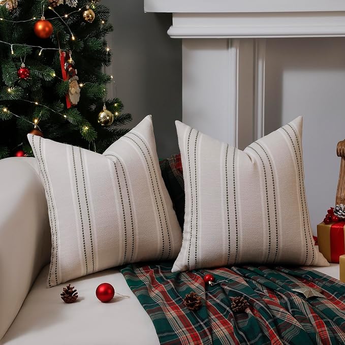 Hckot Stripe Throw Pillow Covers 26x26 Large Square Green Pillow Cover | Farmhouse Decorative Pillows Textured Linen Euro Sham Cushion Covers for Sofa Couch Bed Living Room Decor