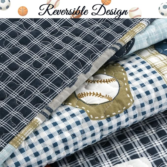 Cozy Line Home Fashions Blue Sports Baseball Basketball Soccer Ball Football Quilt Set Bedspread Coverlet for Boys Kids (Sport, Queen - 3 Piece)