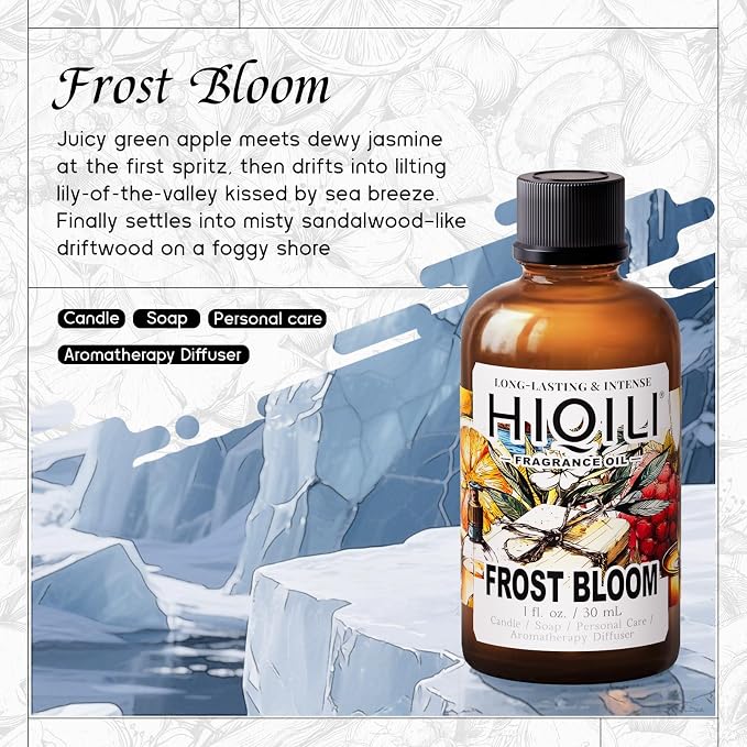 HIQILI Frost Bloom Fragrance Oil for Diffuser Perfume & Hair Mist Crafting | Fresh ocean lily apple wood aroma, ideal for candle soap and nourishing body scrub handmade DIY works —30ml / 1 fl oz
