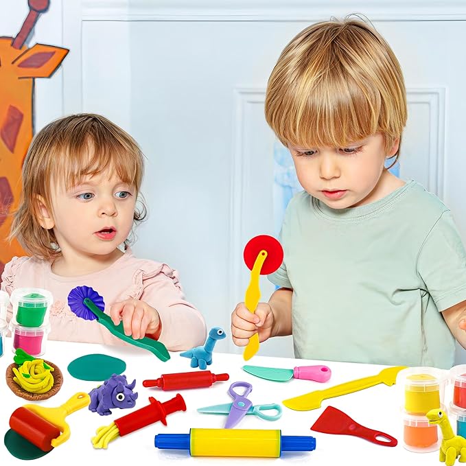 Dough Play Tools Set for Kids, 10 PCS Basic Dough Starter Set with Pizza Cutters, Safety Scissors, Rolling Pin, Roller, Extruder