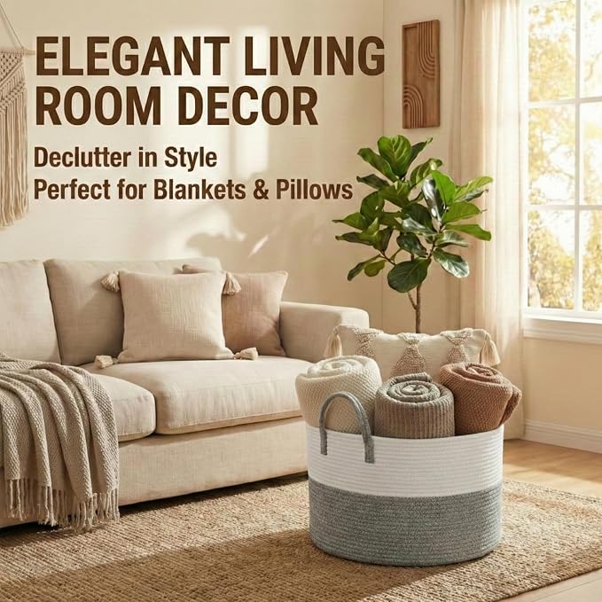 JMvicyroam 115L Extra Large Machine Washable Cotton Rope Blanket Basket | Collapsible laundry hamper, Reinforced handles, For blankets, pillows, toys and clothes, Living room and bedroom, White&Grey