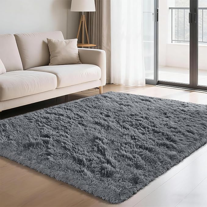 Fluffy Rug Shag Area Rug, Grey 4x6 Area Rugs for Bedroom, Small Bedside Rug, Soft Fluffy Shag Entryway Throw Rugs for Living Room Bedroom Room Home Decor