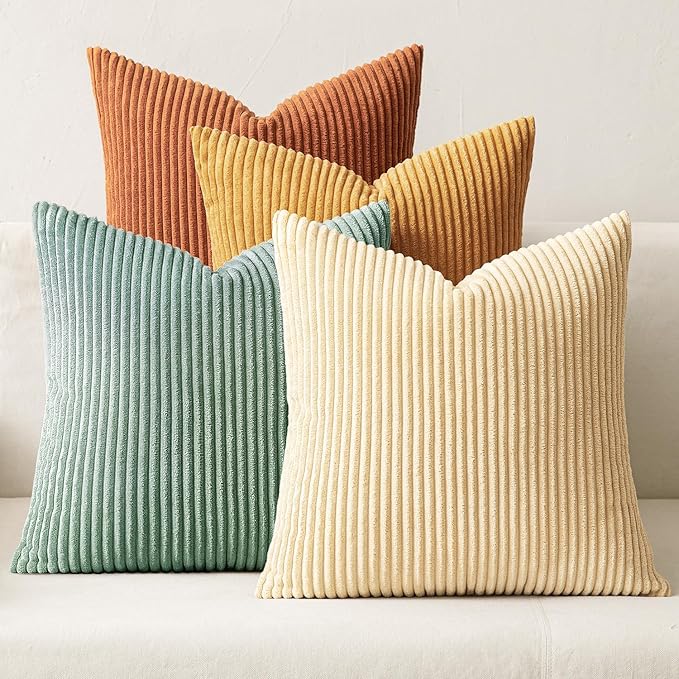 MIULEE Soft Corduroy Decorative Throw Pillow Covers Orange Teal 20x20 | Set of 4, Mordern Rustic Home Decor, Retro Vintage Set, Boho Farmhouse Cushion Covers for Couch Bed Sofa Living Room