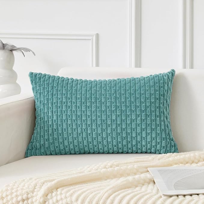 Kevin Textile Soft Corduroy 12"x24" Lumbar Pillow Cover 1 Pack, Aqua Green | Boho Stripe Plush Corduroy Decorative Oblong Cushion Cover Modern Farmhouse Home Decor for Sofa Couch Bed Chair
