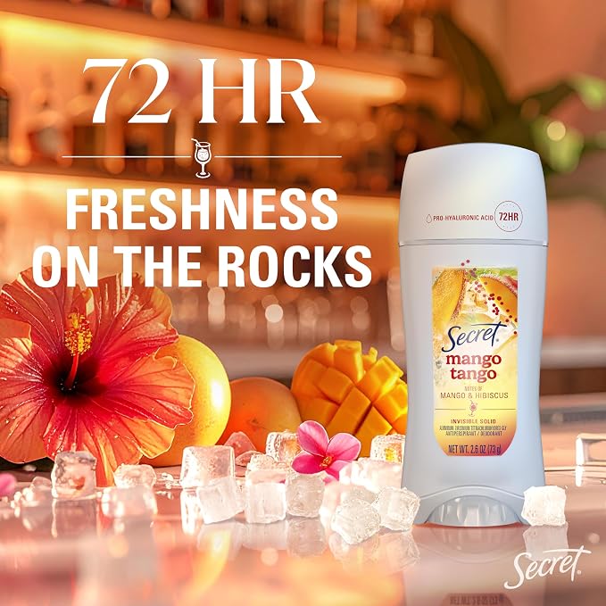 Secret Fresh Antiperspirant Deodorant for Women, 72hr Freshness on the Rocks with Pro-Hyaluronic Acid, Miami Mocktails Edition, Invisible Solid, Mango Tango with Mango & Hibiscus Scent, 2.6 oz