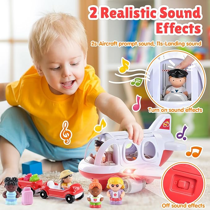 PLAY Airplane Toy for Kids - Toddler Airplane Toys Travel Plane Toys for Kids 2+ Years Old with Small Figures & Baggage Carrier, Musical Toy Airplane with Lights for Boys Girls Gifts Birthday (Red)