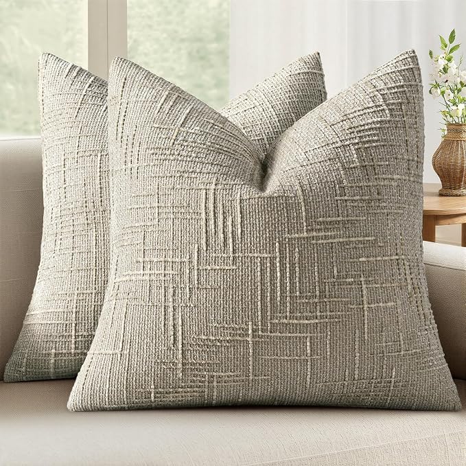 MIULEE Chenille Textured Throw Pillow Covers Light Brown 20x20 Set of 2 | Slubby Decorative Pillows, Boho Farmhouse Home Decor, Modern Neutral Cushion Covers for Couch Sofa Bed Living Room