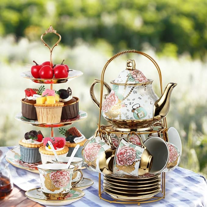 Maxcheck 21 Pcs Porcelain Tea Set for Women Tea Party with Metal Holder and 3 Tier Cake Stand Ceramic European Floral Teapot Set for Adults Mother's Day Christmas Thoughtful Gift(Elegant Style)