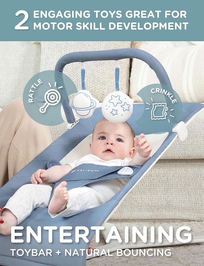 Baby Delight Alpine Deluxe Portable Baby Bouncer | Infant | 0-6 Months | 100% GOTS Certified Organic Cotton Fabric | Organic Dusty Blue