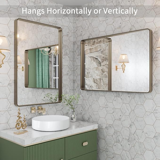 LOAAO 24"X32" Bronze Bathroom Mirror for Vanity | Rounded Rectangle, Brushed Bronze Metal Frame, Anti-Rust, Hangs Horizontally or Vertically