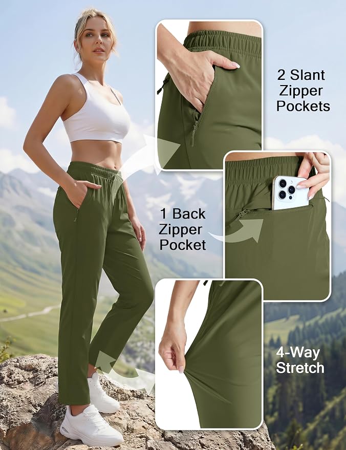 MAGCOMSEN Women's Hiking Pants Lightweight Quick Dry UPF 50 Water Resistant Elastic Waist Golf Travel Pants Zip Pockets