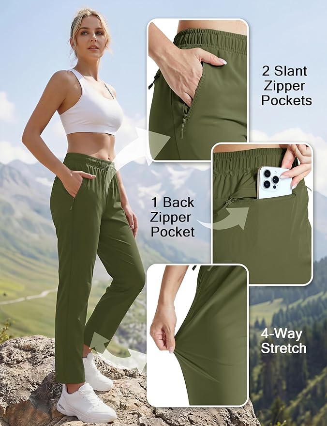 MAGCOMSEN Women's Hiking Pants Lightweight Quick Dry UPF 50 Water Resistant Elastic Waist Golf Travel Pants Zip Pockets